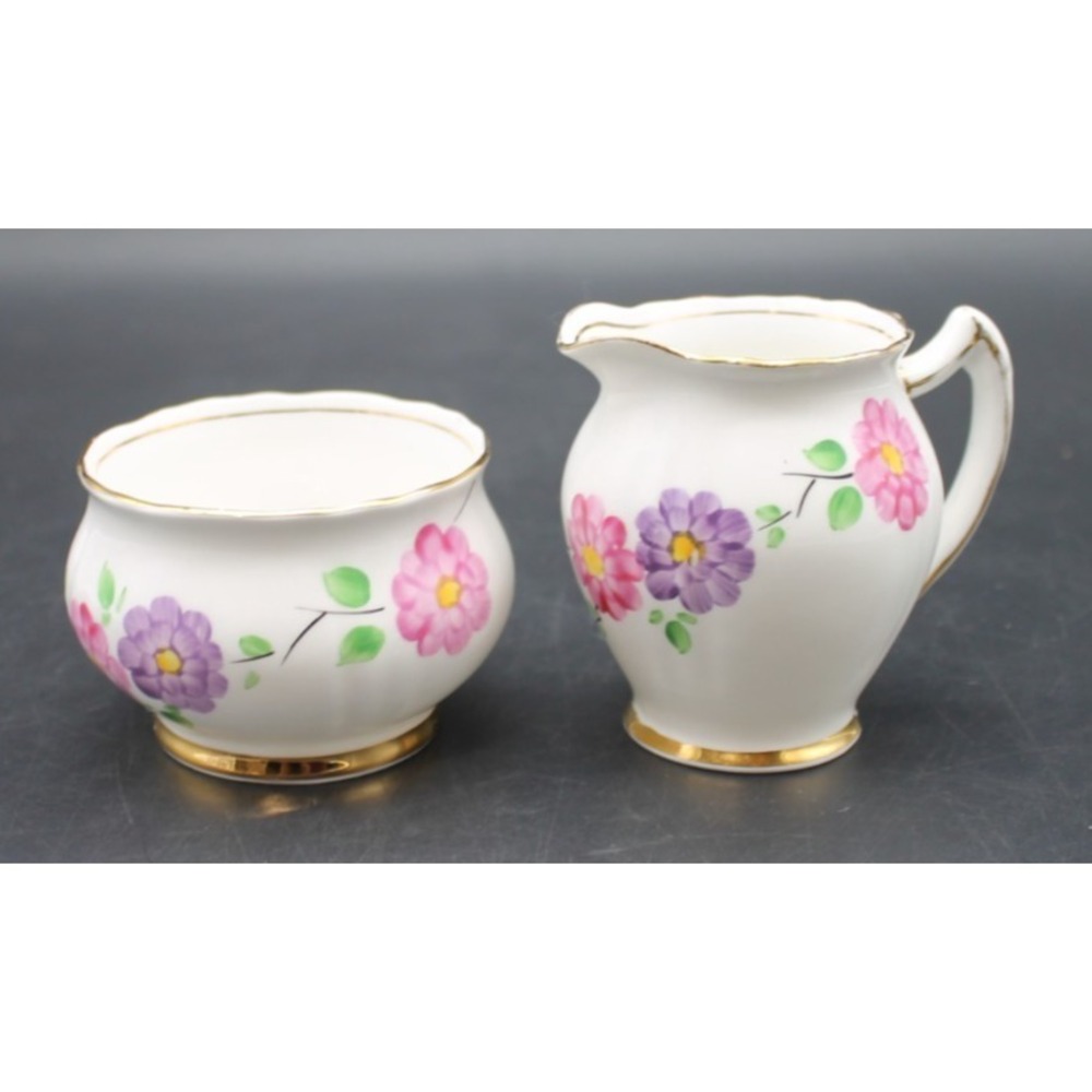 Vintage Phoenix Bone China Creamer Sugar Bowl Set England Pink Purple Floral